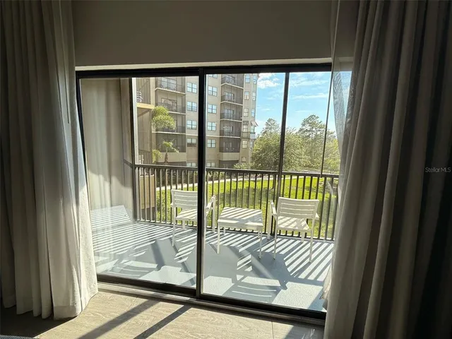 a view of a balcony from a window