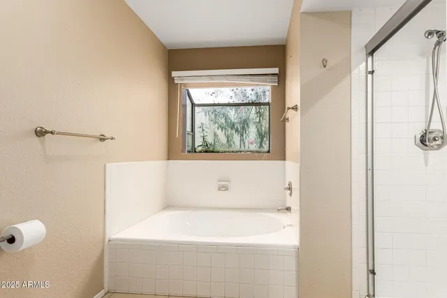 a bathroom with a bathtub and a shower