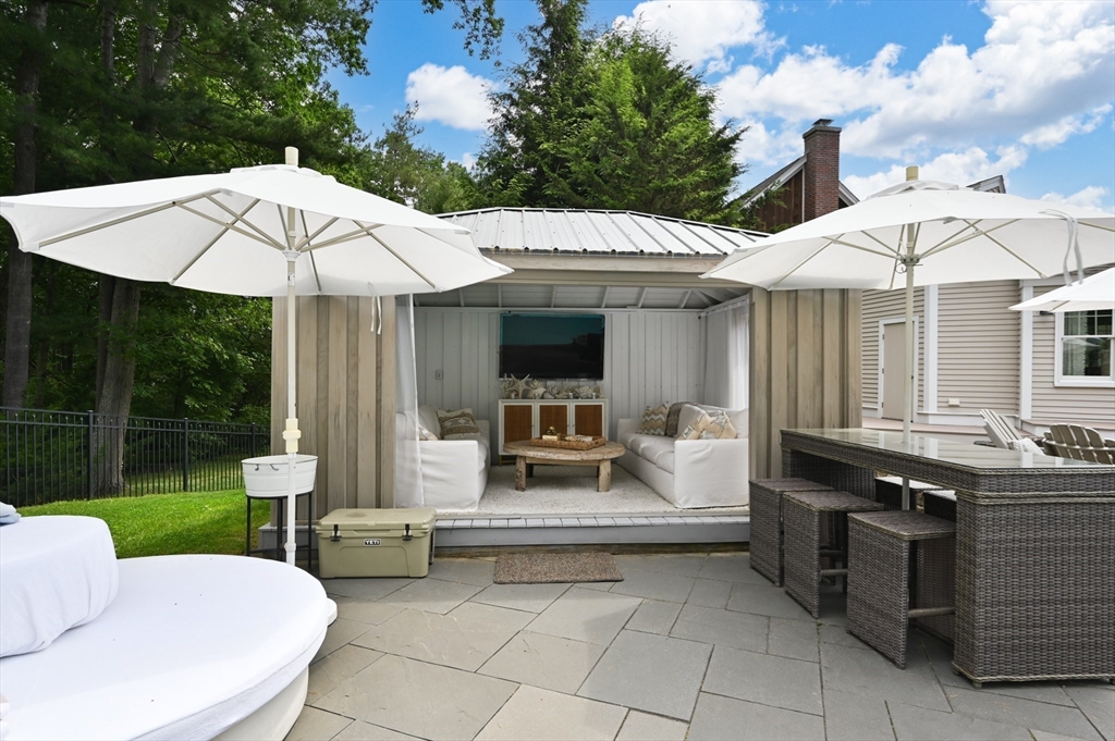 46 Baldpate Road Boxford, MA 01921 - Photo 32 of 42 a view of a patio with a table and chairs under an umbrella