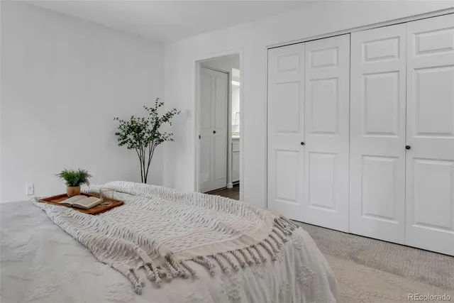 a bedroom that has a bed and a potted plant on it