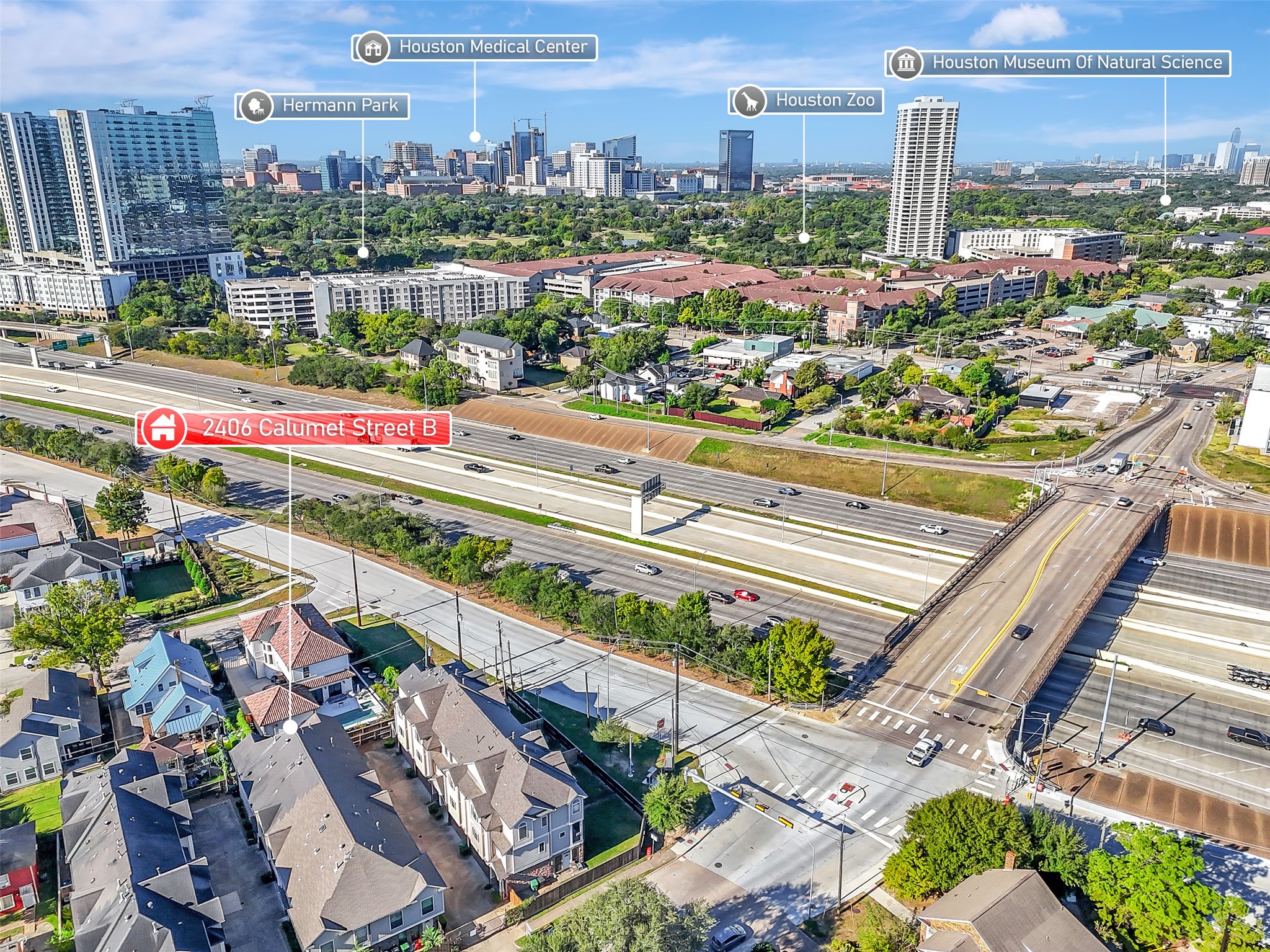 2406 Calumet Street B, located near major Houston landmarks like the Medical Center, Hermann Park, and the Museum of Natural Science. The area features convenient highway access and a mix of residential and urban amenities, ideal for those seeking a vibrant city lifestyle.