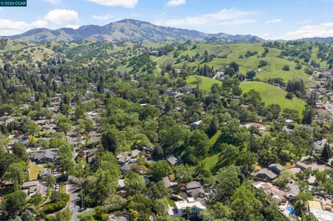 an aerial view of a house with a yard