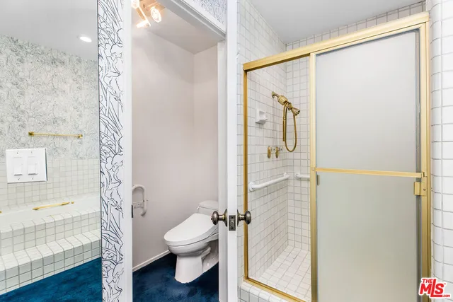 a bathroom with a toilet and a shower