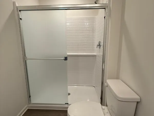 a bathroom with a shower and a toilet