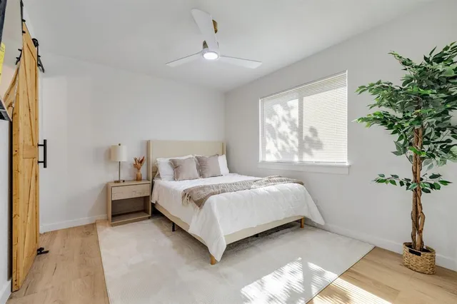 a bed room with a bed and a potted plant