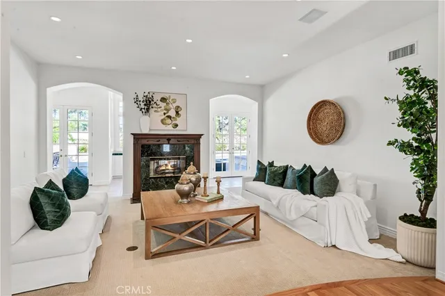 a living room with furniture potted plant and a fireplace