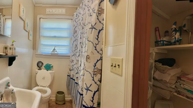 a bathroom with a toilet and shower curtain