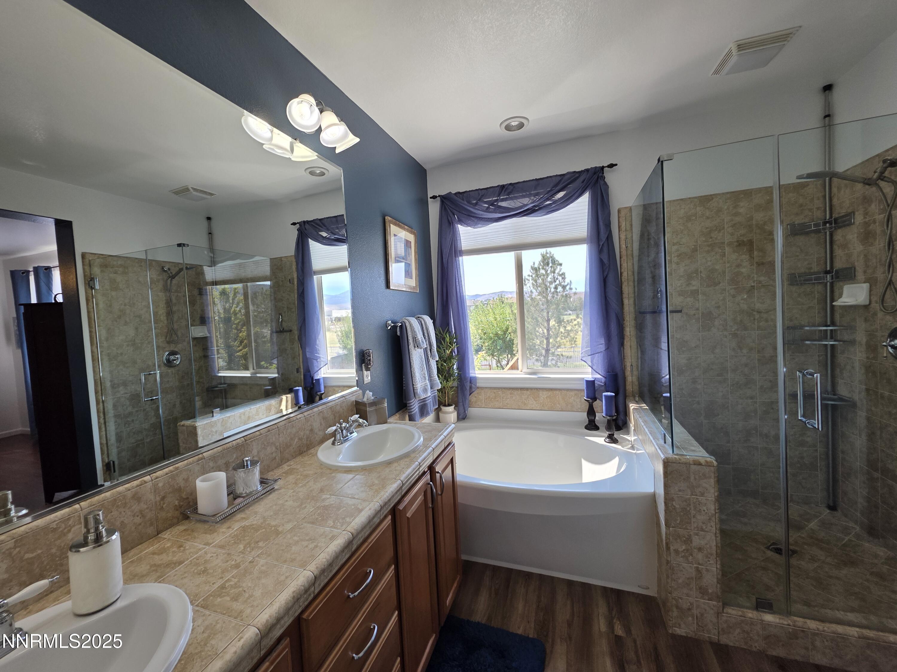 10677 Fire Poppy Circle Reno, NV 89521 - Photo 16 of 45 a bathroom with a granite countertop sink a mirror a bathtub and shower