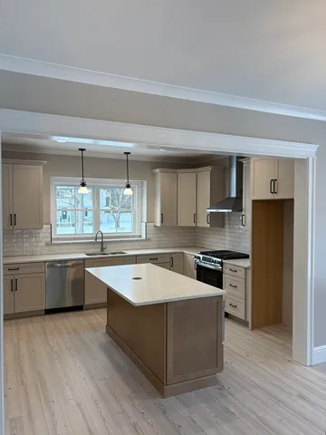 a large kitchen with a stove a sink dishwasher and a refrigerator