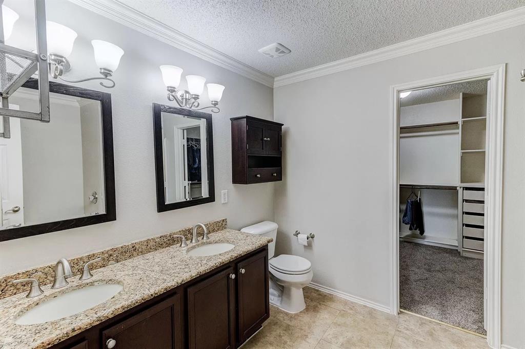 3601 McClintick Road McKinney, TX 75070 - Photo 17 of 24 a bathroom with a granite countertop sink vanity mirror bathtub and toilet