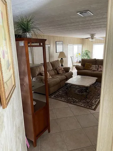 a living room with furniture and a potted plant