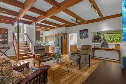 a view of a dining room with furniture