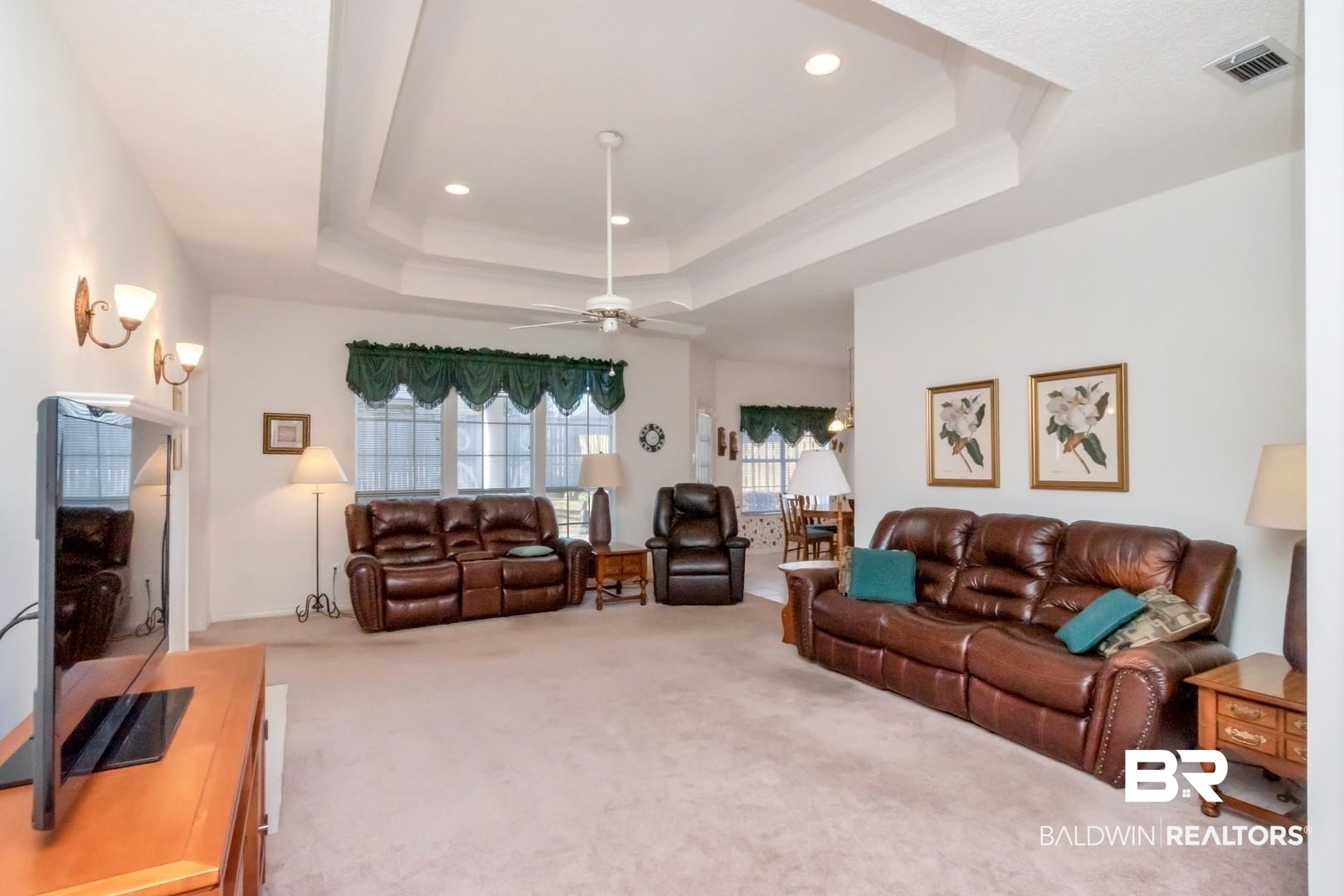1032 Cross Gates Place Mobile, AL 36609 - Photo 6 of 34 Living room featuring ceiling fan, light carpet, and recessed lighting