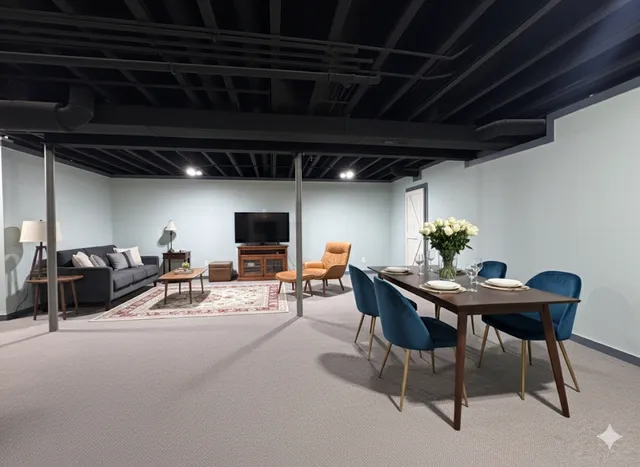 a view of a livingroom with furniture and a potted plant