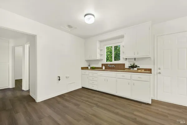 a kitchen with a sink and potted white cabinets