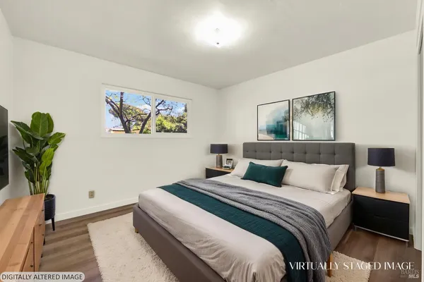 a view of backyard with potted plants and a large tree