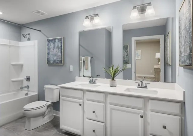 a bathroom with a toilet a sink a mirror a bathtub and vanity