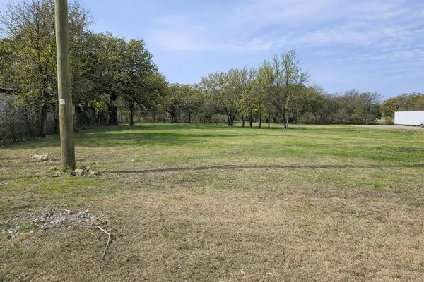 a view of a field with trees in the background