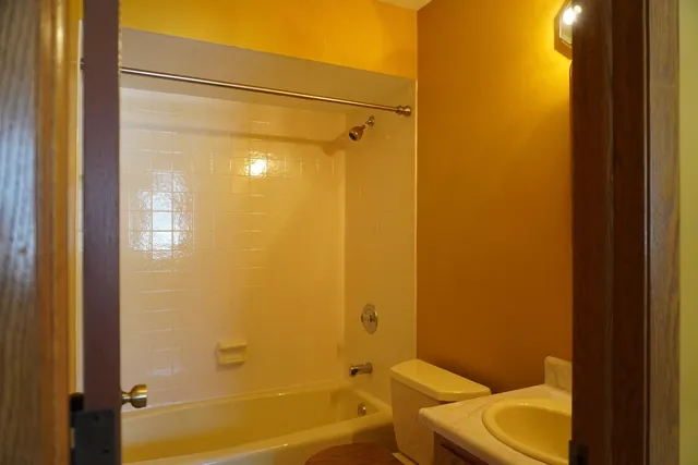 a bathroom with a shower and a toilet