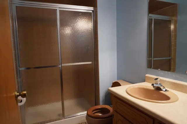 a bathroom with a sink a toilet and shower
