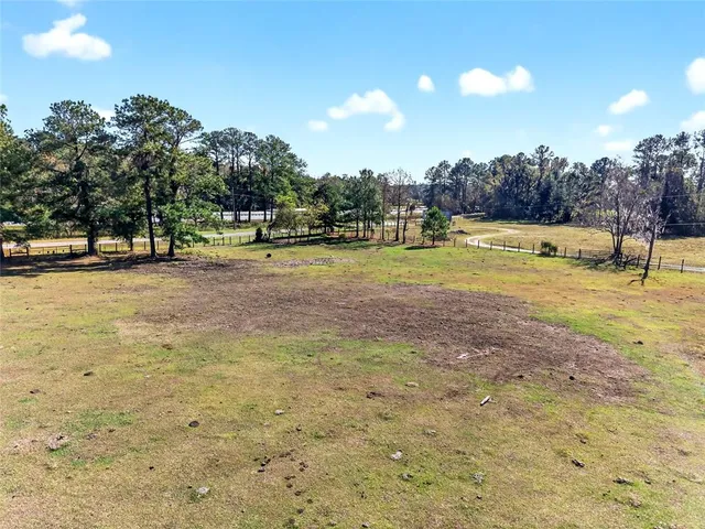 a view of a dry yard with trees