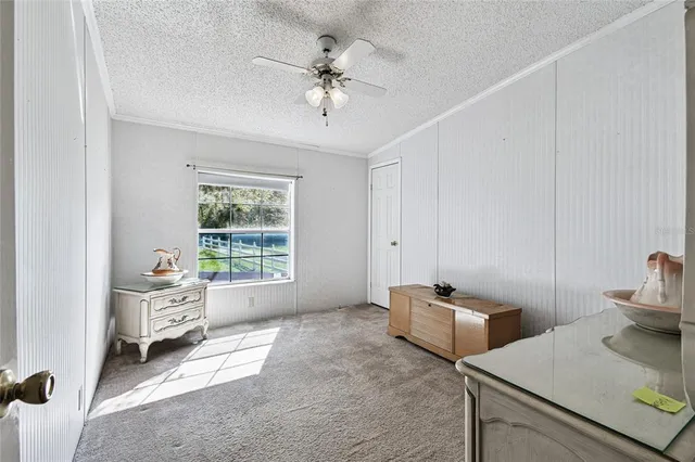 a living room with furniture and a ceiling fan