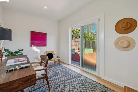 a garden view with a seating space