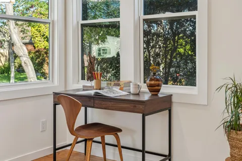 a dining room with a window