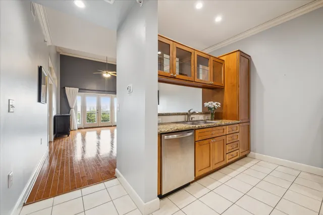 a hallway with cabinets