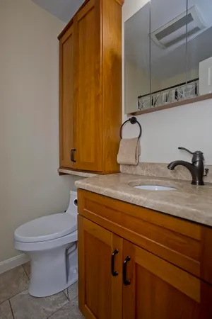 a bathroom with a sink a toilet and vanity
