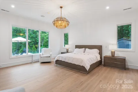 a spacious bedroom with a bed and a large window