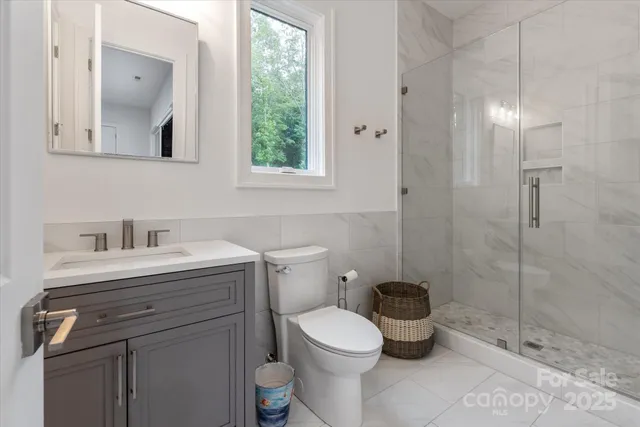 a bathroom with a toilet sink vanity and mirror