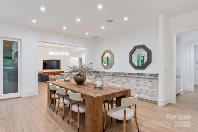 a view of a dining room with furniture