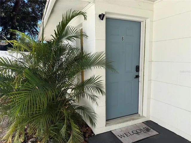 a view of front door with a potted plant