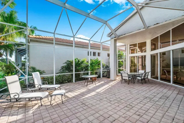 a garden view with a sitting space