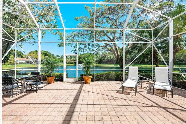 a view of a lake with a garden