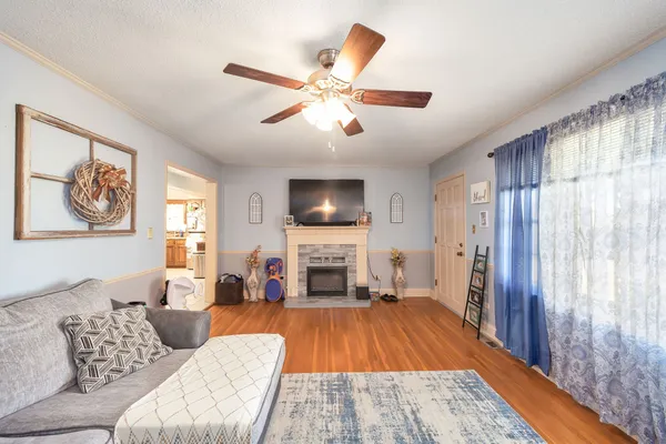 a living room with furniture and a fireplace