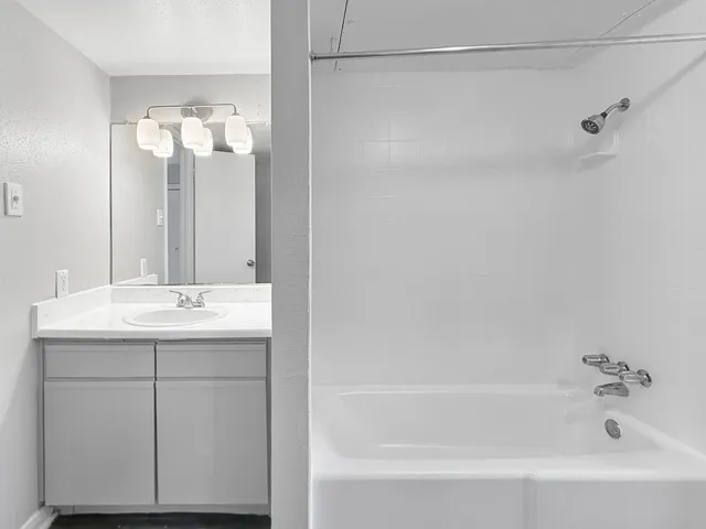 a bathroom with a bathtub and a sink
