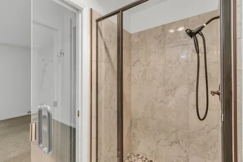 a bathroom with a shower and a glass door