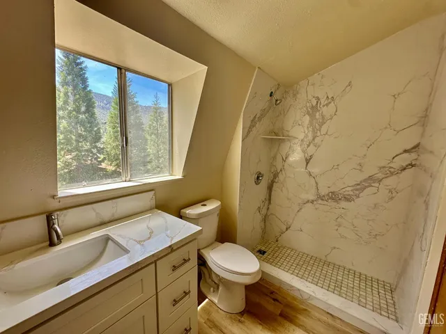 a bathroom with a sink toilet and shower