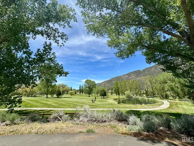 a view of a garden with an ocean