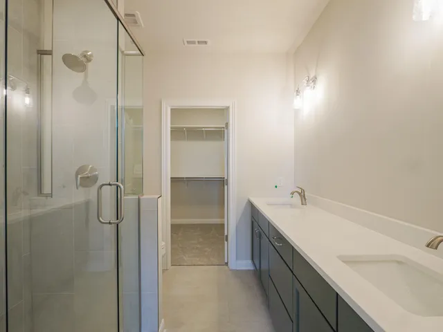 a bathroom with a double vanity sink a mirror and shower