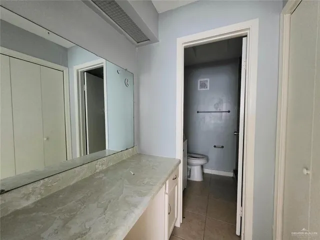 a view of a bathroom with a walk in closet and wooden cabinet