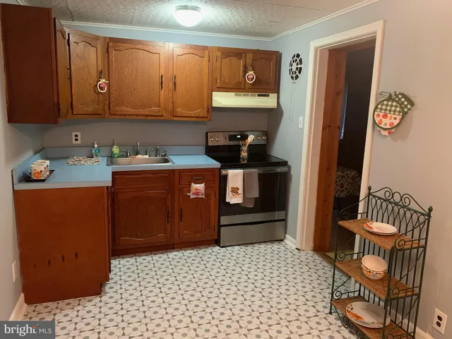 a kitchen with a sink a stove and cabinets