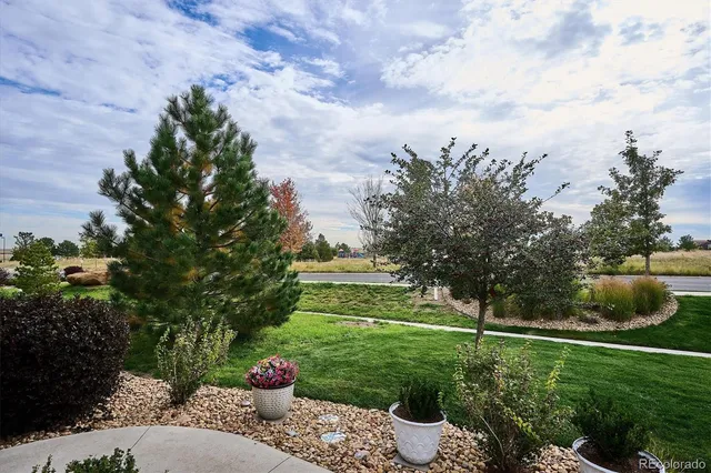 a view of a backyard with seating area and green space