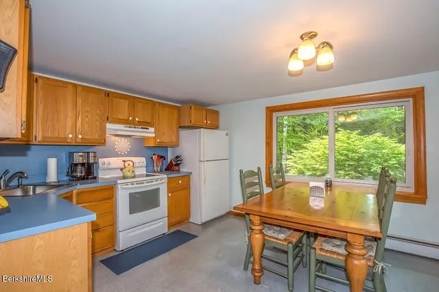 a kitchen with a stove a refrigerator and a table