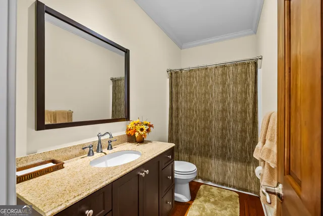 a bathroom with a granite countertop sink toilet and shower