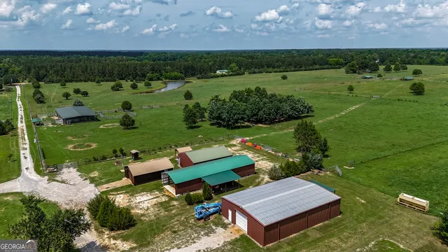 an aerial view of a house with a garden