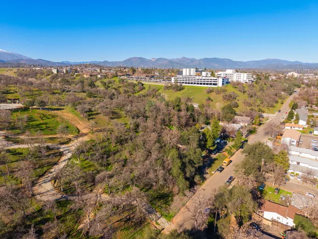 an aerial view of residential houses with outdoor space and trees