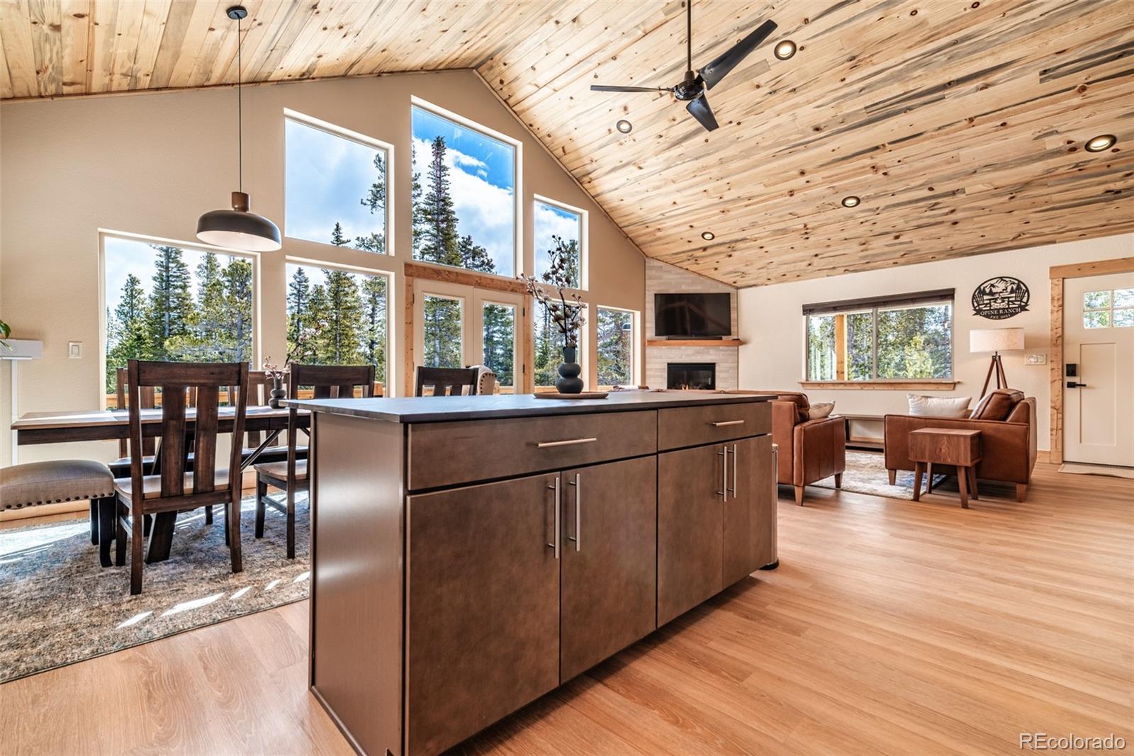 526 Porcupine Road Fairplay, CO 80440 - Photo 14 of 46 a kitchen with stainless steel appliances granite countertop a stove and cabinets with wooden floor